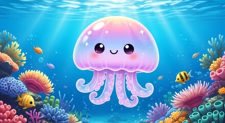 Adorable Kawaii Jellyfish Swimming in Vibrant Underwater Coral Reef Scene