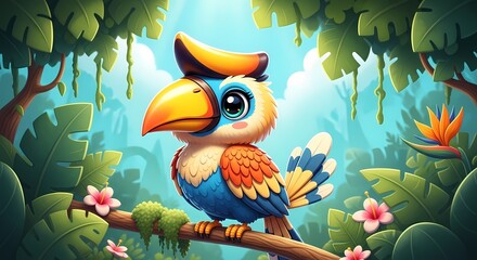 Whimsical Cartoon Tropical Bird Perched Happily in a Vibrant Jungle