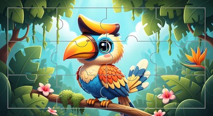 Whimsical Cartoon Toucan Jigsaw Puzzle in a Vibrant Jungle Setting