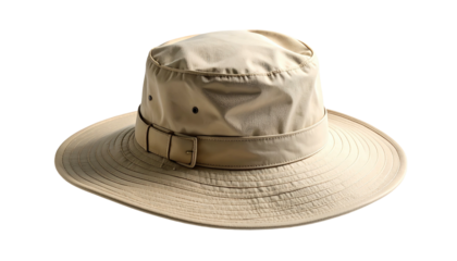 Tan sun hat with wide brim, side vents, and adjustable strap, isolated