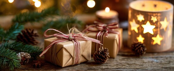 The gift wrapped presents by candlelight on a rustic wooden table with pine branches