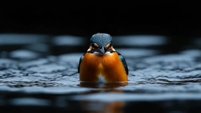 A vibrant bird with orange, blue, and black plumage sits in water, head facing forward