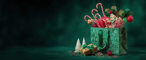 The Green Gift Bag Filled With Holiday Candy Canes Ornaments and Pine Sprigs