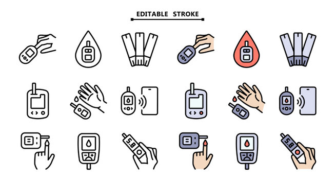 Blood Glucose Test Icons: Editable Stroke Color Collection for Diabetes Monitoring, Clinic Design and Instructions