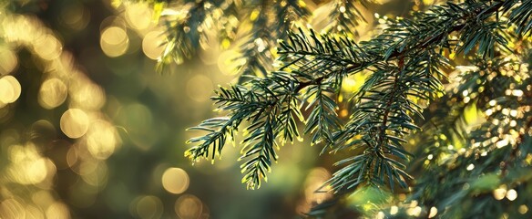 The Pine Branch Glowing With Golden Sunlight and Soft Bokeh Background