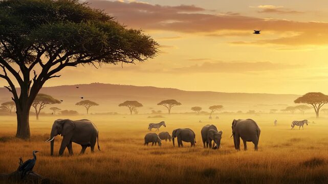 Pixelated African Savannah Landscape with Elephants Zebras and Birds Under a Golden Sunset with Grassy Plains and Distant Hills