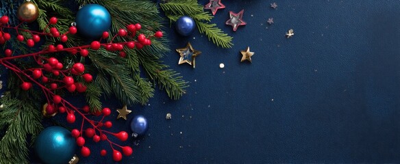 The Christmas arrangement of blue ornaments, pine branches and red berries on navy background
