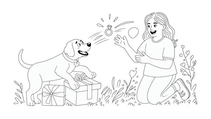 Joyful moments:A delightful cartoon showing a dog with a gift, a shining ring and the women are smiling