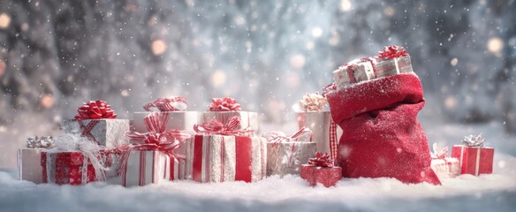 The red Santa sack surrounded by wrapped Christmas presents in snowy winter scene