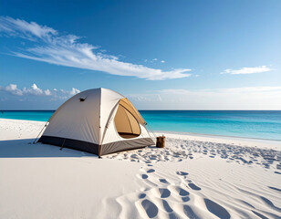 Tent on the beach, sea, sky and clouds background