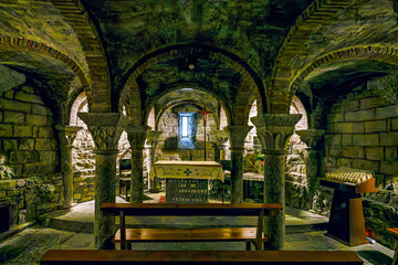 Interior of the Romanesque Holy Mary Church, Iglesia de Santa Maria in Ainsa, Spain. Pyrenean village in Huesca