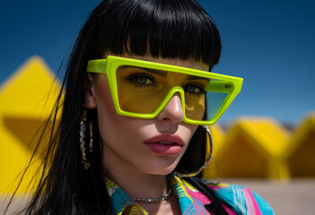 Modella che indossa occhiali futuristici verde neon e rosa