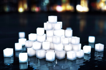 Obraz premium Futuristic Stacked White Cubes on Reflective Floor in Modern Setting