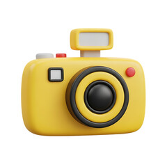 A bright yellow 3D camera icon on transparent background