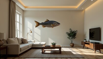Realistic fish mounted on the wall in a cozy living room interior