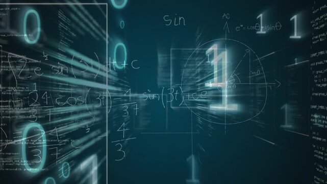 Animation of binary code and scientific data on black background