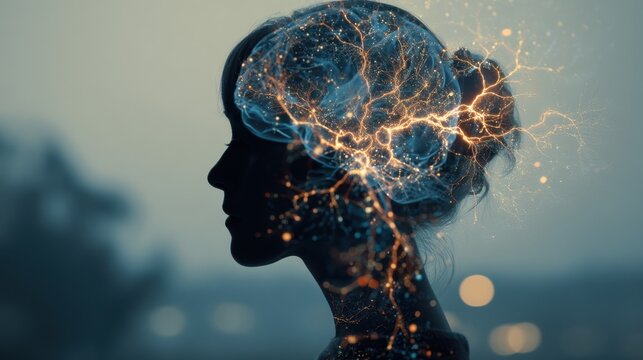 A woman is shown in profile against a dim background. Her silhouette includes a glowing brain with bright connections suggesting thoughts and creativity during evening time.