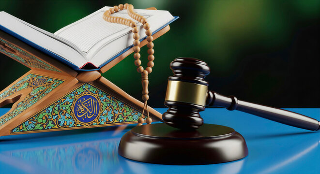 Islamic law and justice concept with Quran and gavel on a table