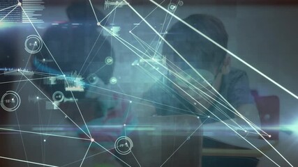 Animation of network of connection with data processing over caucasian schoolboy - Powered by Adobe