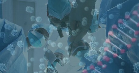 Animation of covid 19 cells and dna strand over caucasian surgeons in face masks - Powered by Adobe