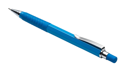 Blue pen with metallic accents on transparent background