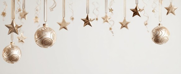 The gold Christmas ornaments and hanging stars on a soft ivory background