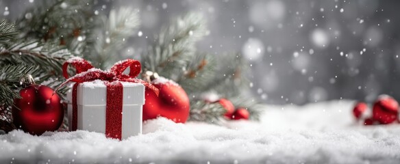 The Gift Box with Red Ribbon among Pine Branches and Red Ornaments in Snowfall