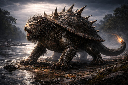 Tarasque Legendary Beast Roaring by Riverbank in Dark Fantasy Scene