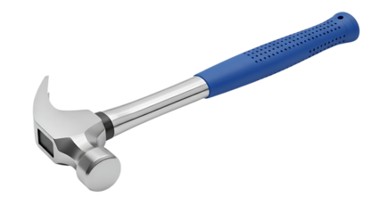 Blue-handled hammer on transparent grid background