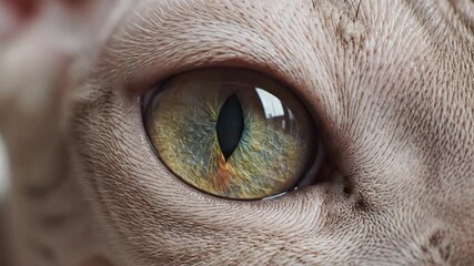 Extreme close-up of a Sphinx cat's eye, showing intricate details and texture.