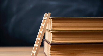 Miniature ladder leaning against a stack of old books on a wooden table