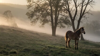 a zorse or  horse is standing in the fogy morning