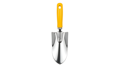 Yellow-handled garden trowel on checkered background