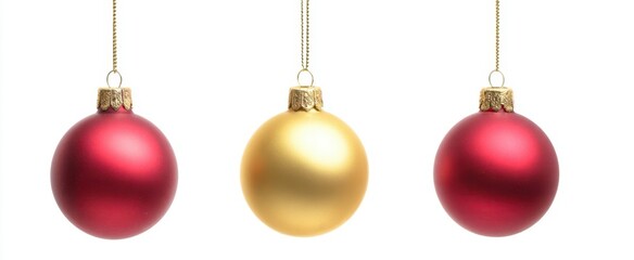 The Christmas baubles trio hanging red and gold ornaments on white background