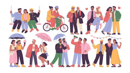 Fototapeta premium Love in Diversity: A vibrant collage depicts diverse couples in moments of joy and connection. The illustrations celebrate relationships of different backgrounds and orientations.