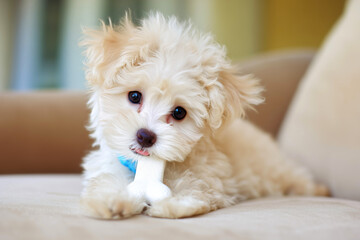 Cute Puppy Holding a Toy Bone in Mouth with an Excited Expression