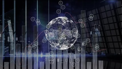 Animation of financial data and graphs over globe with connections - Powered by Adobe