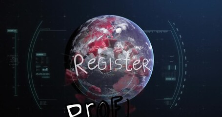 Animation of register text and data processing over globe and virus cells - Powered by Adobe