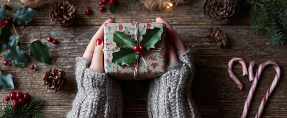 The Gift Wrapped In Festive Holly Paper Held By Hands In Knit Sweater