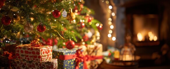 The Christmas tree with wrapped presents and a glowing fireplace creating cozy holiday ambiance