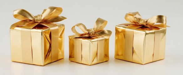 The Gold Gift Boxes with Satin Bows Arranged on Clean White Background