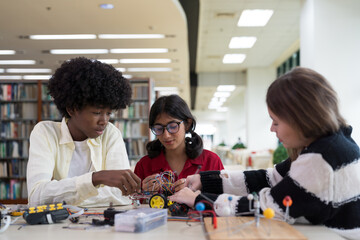 Group of students from diverse nationalities learning to assemble robots in library room at school. Robotics academy room. Technology and scientist at school concept