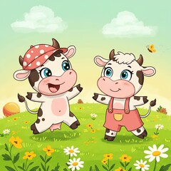 Fototapeta premium 春の牧場、子牛の輪舞曲