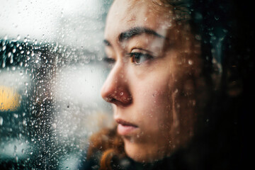 Emotional Reflection of a Young Woman Looking Out a Rainy Window in Sadness