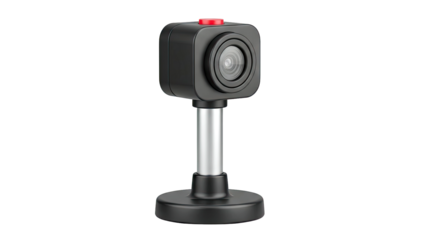 Modern Black Camera with Red Button on Stand