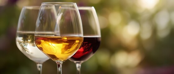 The Wine Glasses with Red White and Ros&eacute; Wine Against Blurred Outdoor Background