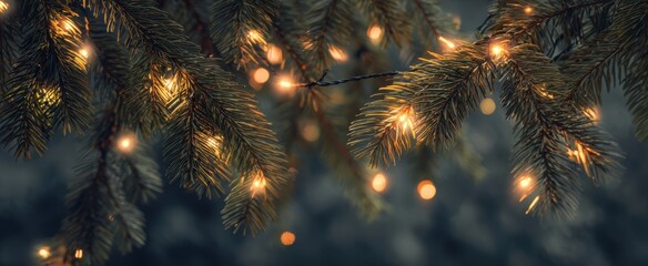 The Pine Branches Draped in Warm Twinkling Lights and Soft Bokeh Evening Glow