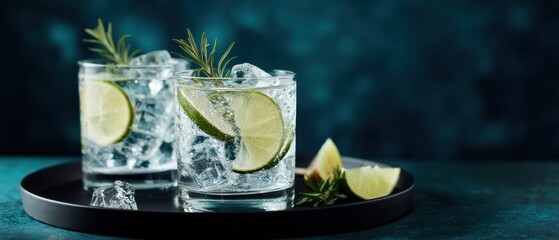 The cocktail glasses with lime and rosemary on a dark serving tray