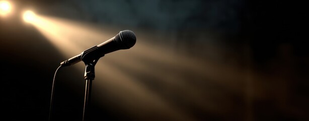 The Microphone on a Dimly Lit Stage Ready for a Live Performance
