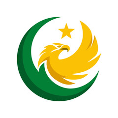 Obraz premium Modern stylized golden eagle or phoenix logo concept with a star and green crescent moon. Vector graphic design.